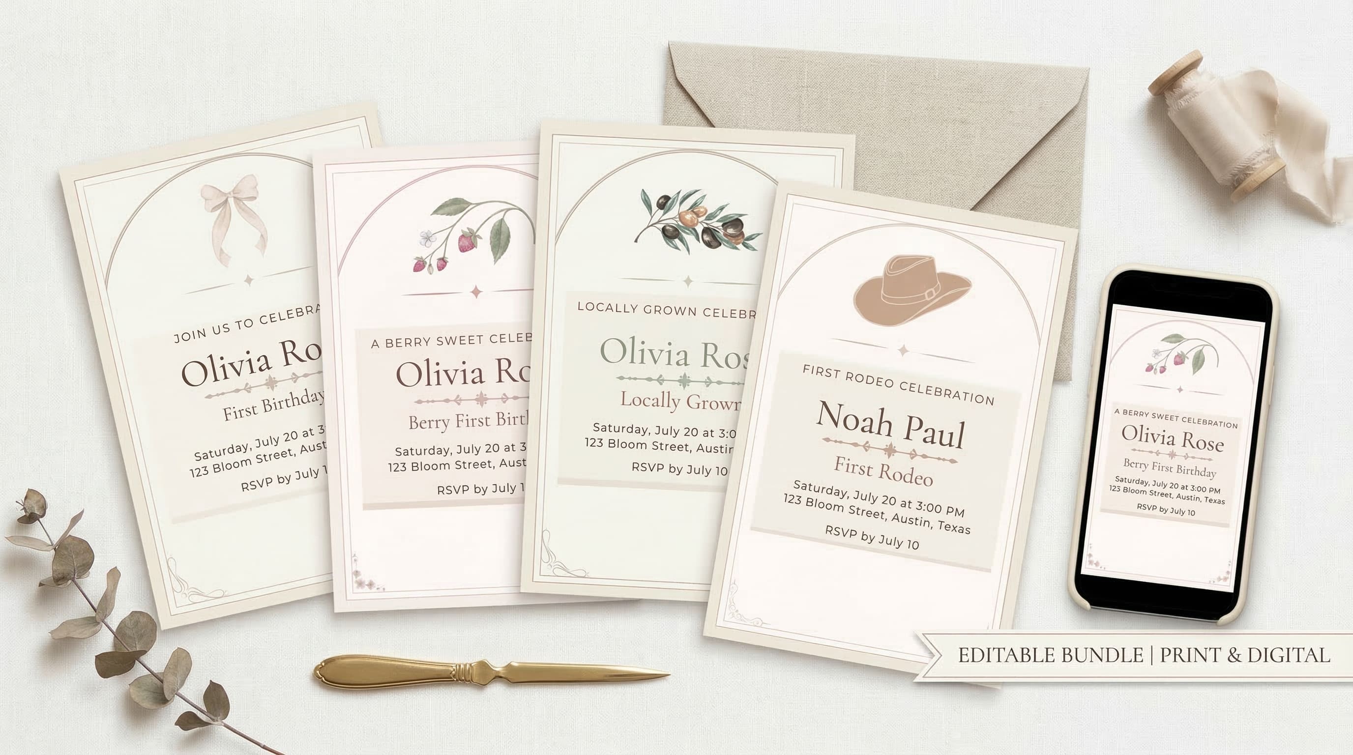 1st Birthday Invitation Bundle – 4 Canva Themes